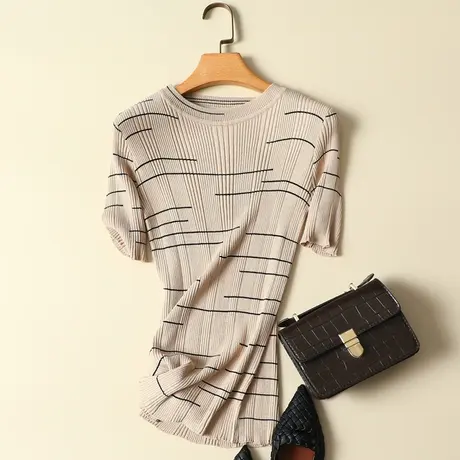 冰丝针织衫女士短袖夏款2024条纹打底女内搭修身圆领露锁骨上衣薄商品大图