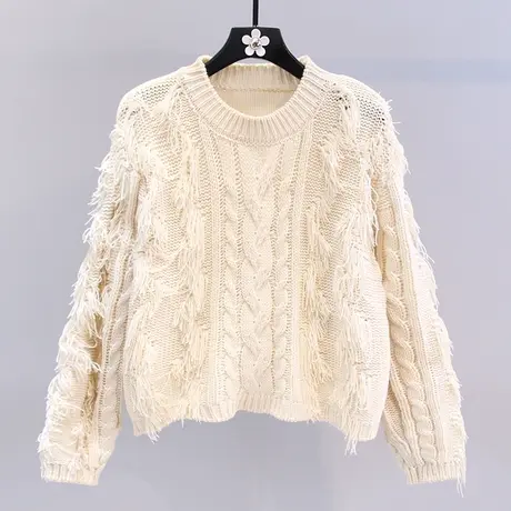 流苏麻花毛衣女秋冬2023新款复古慵懒风宽松设计感短款针织衫上衣商品大图