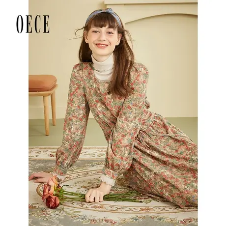 Oece冬装女装复古甜美碎花长袖连衣裙秋冬修身内搭裙子图片