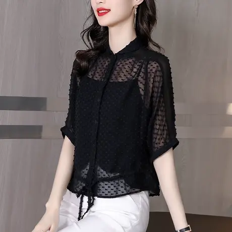 2023夏季新款真丝衬衣女吊带两件套短袖雪纺衬衫高端绣花垂感上衣商品大图