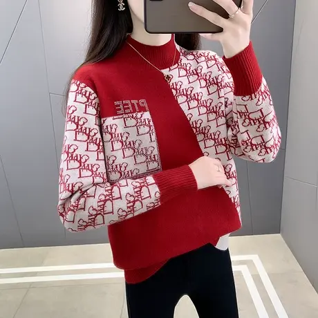 女士毛衣半高领针织打底衫2023年秋冬新款宽松百搭撞色套头女内搭图片