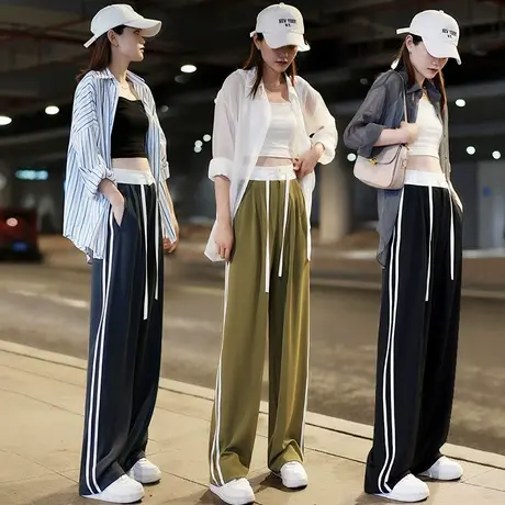 冰丝阔腿裤女夏季薄款高腰垂感宽松条纹直筒休闲抽绳拖地西装裤子商品大图
