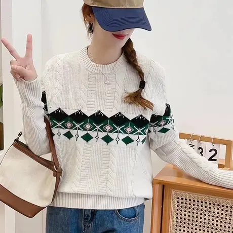 复古风菱形麻花套头针织打底衫上衣2023秋冬保暖厚款新品百搭毛衣商品大图