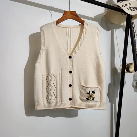 复古文艺针织马甲开衫女春秋新款日系刺绣无袖坎肩毛线背心马夹潮商品大图