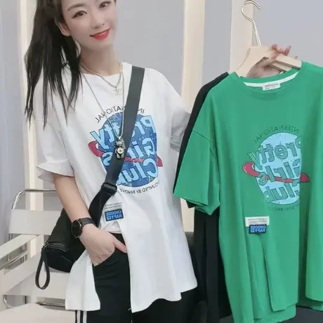 开叉短袖T恤女夏季2023新款印花不规则套头宽松上衣百搭半袖潮款图片
