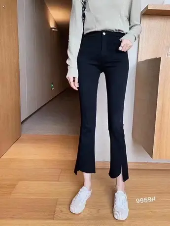 开叉微喇牛仔裤女春秋高腰显瘦春装2023年新款小个子九分喇叭裤子图片