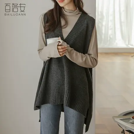 百洛安宽松大码无袖针织马甲女春新款时尚不规则开叉V领毛衣背心图片