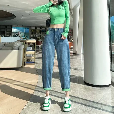 浅色牛仔裤女2024年春秋新款高腰直筒宽松显瘦撞色小众哈伦老爹裤商品大图