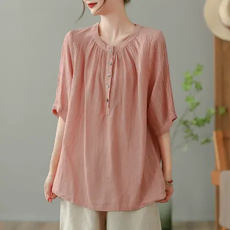 dza 复古苎麻白衬衫女2023夏季薄款圆领套头衬衣休闲宽松棉麻上衣图片