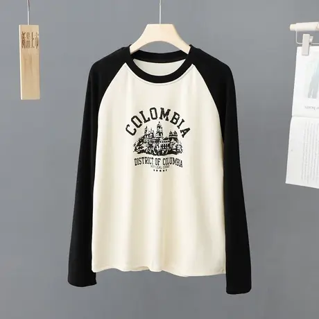 撞色春秋新款插肩袖长袖印花T恤女圆领百搭打底衫宽松上衣体恤衫商品大图