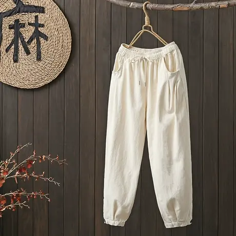 枫谜2023春季新款棉质松紧腰系带宽松休闲直筒哈伦裤束口休闲裤图片
