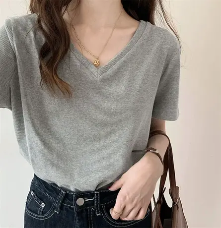 2024年夏季新款短袖v领螺纹针织t恤女灰色上衣设计感打底衫百搭潮商品大图