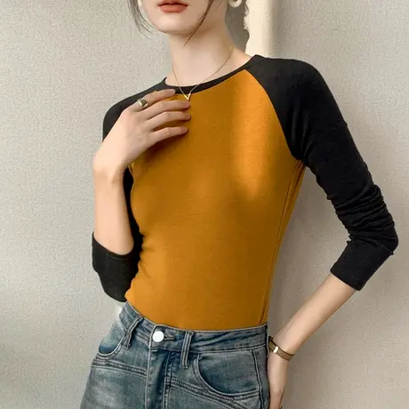 韩版圆领撞色拼接百搭长袖T恤女2023秋正肩内搭设计感小众打底衫商品大图