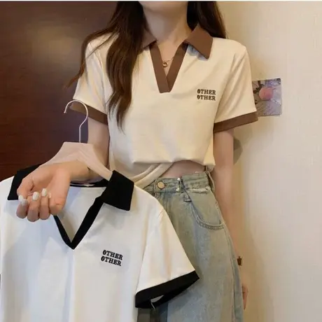 短袖POLO衫T恤女夏季修身韩版百搭显瘦小个子短款V领半袖上衣潮商品大图