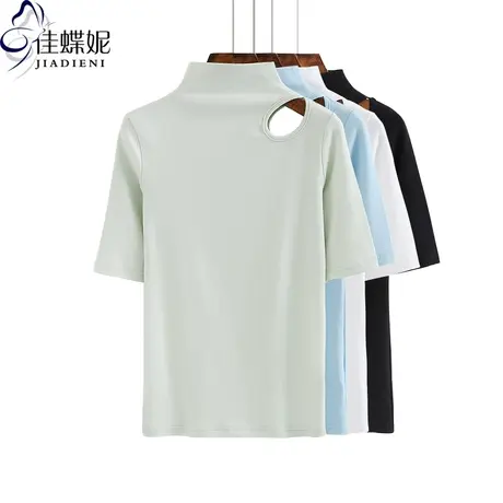 春夏半高领纯棉修身显瘦镂空中袖体恤上衣打底衫新款女装内搭T恤图片