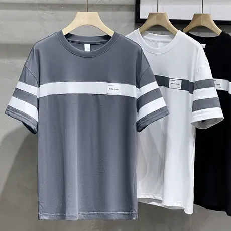 2023夏季新款短袖t恤男ins潮流韩版条纹拼接半男士袖体恤打底上衣商品大图