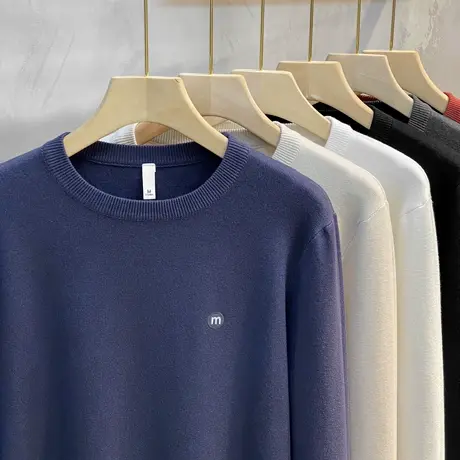 2023秋冬新款纯色小标圆领毛衣男士百搭针织衫韩版套头打底线衣男商品大图