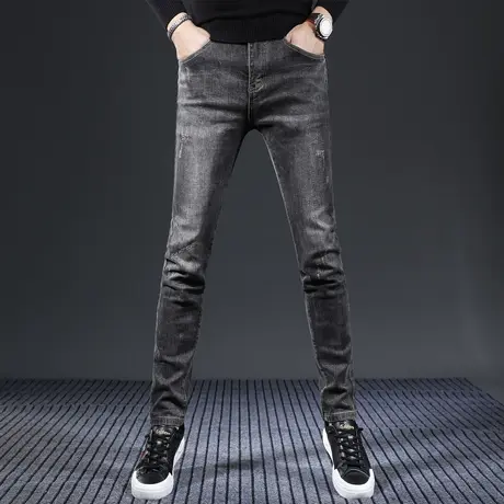 高端黑灰色牛仔裤男2023新款秋冬款修身小脚百搭弹力男士牛仔裤商品大图