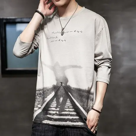 春季痞帅2024新款男生印花圆领T恤春秋款男士潮牌纯棉长袖上衣服商品大图