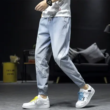 浅蓝色牛仔裤男春秋大码宽松水洗耐磨束脚休闲潮流百搭男士哈伦裤商品大图