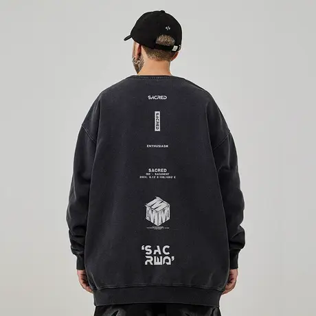 美式复古字母嘻哈大码圆领卫衣男装ins纯棉重磅水洗做旧高街春秋商品大图