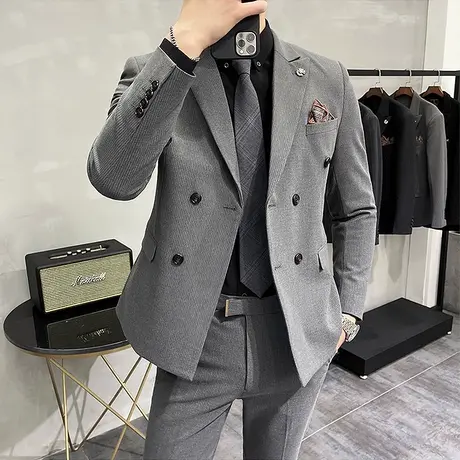 男士修身双排扣格纹西服商务正装男休闲外套新郎高档礼服两件套潮图片