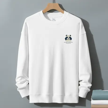 350g重磅卫衣男2024新款熊猫印花圆领无帽长袖t恤套头白色上衣服图片
