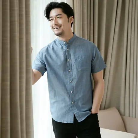 格慕施亚麻衬衫男短袖衬衣宽松立领棉麻半袖青年男士休闲夏季上衣商品大图