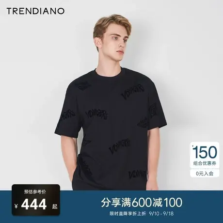 TRENDIANO官方2023新款夏季植绒字母宽松圆领短袖t恤男潮流商品大图