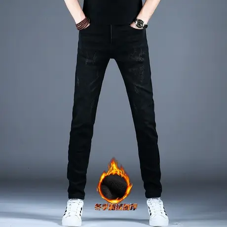 秋冬黑色刺绣牛仔裤男款加绒加厚裤子潮流男冬款小脚修身2023新款商品大图