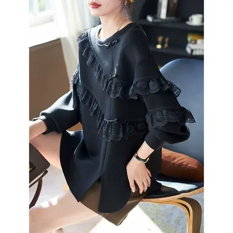 宝诗黎圆领蕾丝拼接短卫衣女落肩长袖棉质套头上衣2024春季新款商品大图