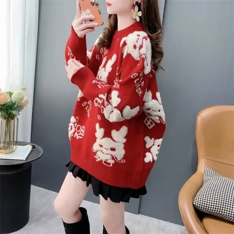 龙年本命年红色圆领毛衣女套头2023年新款秋冬宽松软糯打底针织衫商品大图