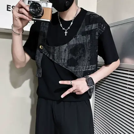 短袖t恤夏季2023新款潮男拼接假两件设计痞帅发型师半袖日系上衣商品大图