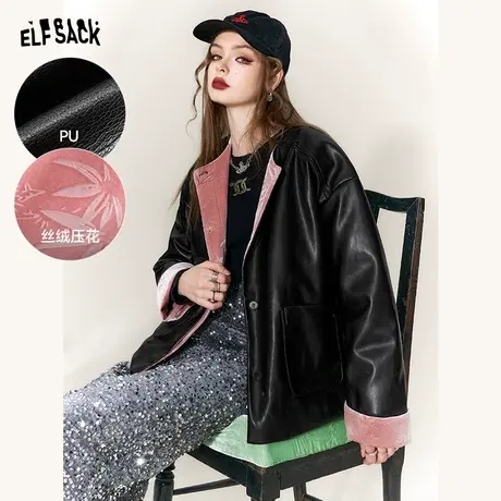 妖精的口袋拼接黑色皮衣棉服女2023冬季新款撞色新中式新年外套图片