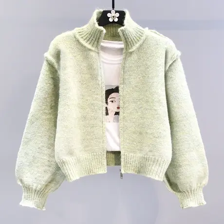 小清新双拉链高领毛衣外套女冬季2023新款宽松慵懒风加厚针织开衫商品大图