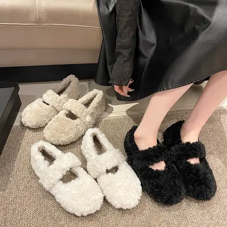 仙女风毛毛鞋女冬外穿加绒2023年新款平底棉瓢鞋软底羊羔毛豆豆鞋商品大图