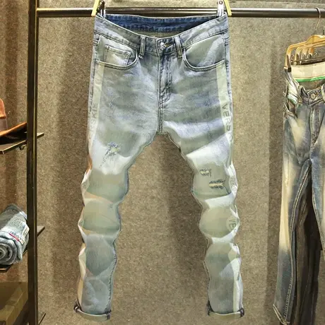 春季浅蓝色潮牌破洞牛仔裤男弹力修身小脚裤原创设计侧边撞色长裤商品大图