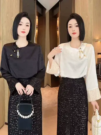 欧货新中式衬衫女2024春季新款洋气拼接亮片宽松显瘦圆领气质大衫图片