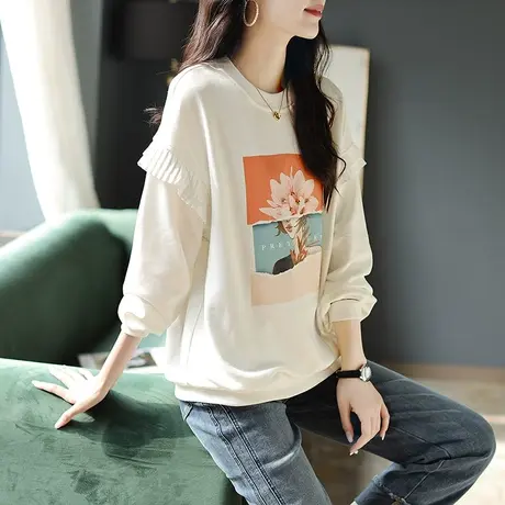 宝诗黎圆领印花新款设计感卫衣女2024百褶拼接白色洋气春装上衣潮商品大图