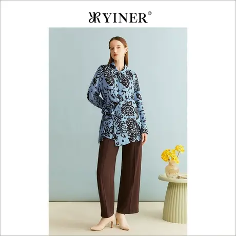 YINER音儿女装冬季绵羊毛桑蚕丝设计感印花衬衫真丝上衣商品大图