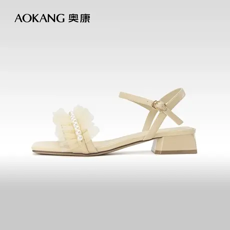 奥康女鞋 夏季新款蕾丝珍珠扣一字带仙女风凉鞋韩系百搭平跟商品大图