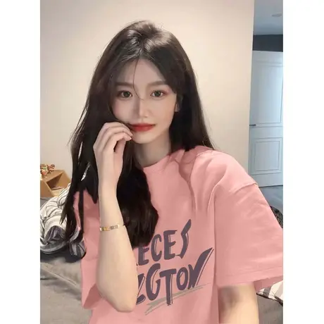 粉色短袖t恤女ins潮减龄洋气小众设计感oversize半袖上衣美式复古商品大图