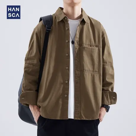 hansca卡其色工装衬衫男士长袖秋季日系复古潮牌重磅宽松休闲外套商品大图