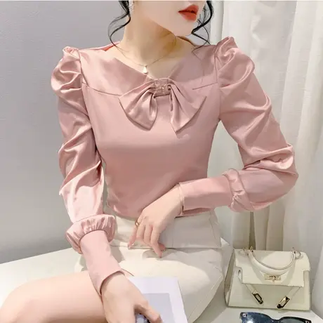 欧货女装时尚气质减龄T恤泡泡袖设计感蝴蝶结上衣女修身小衫拼接图片