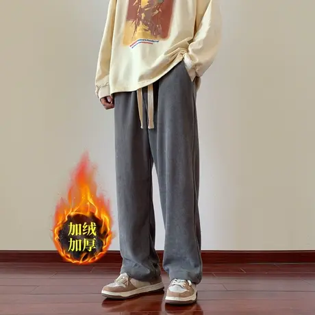 美式复古加绒灯芯绒裤子男生秋冬款日系宽松直筒垂感运动休闲长裤商品大图