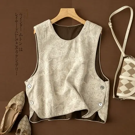享永子【清风谣】新中式文艺风 亚麻刺绣马夹背心棉内衬马甲上衣图片
