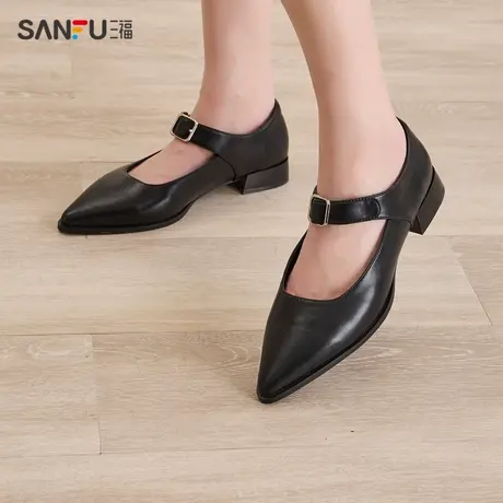 三福淑女鞋春季老钱尖头方扣低跟时尚气质优雅通勤女鞋828109图片