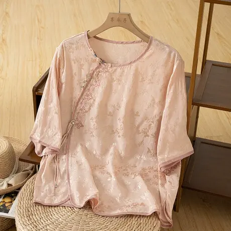 享永子五分袖国风茶服斜襟气质文艺复古宽松上衣休闲2024夏季新款商品大图