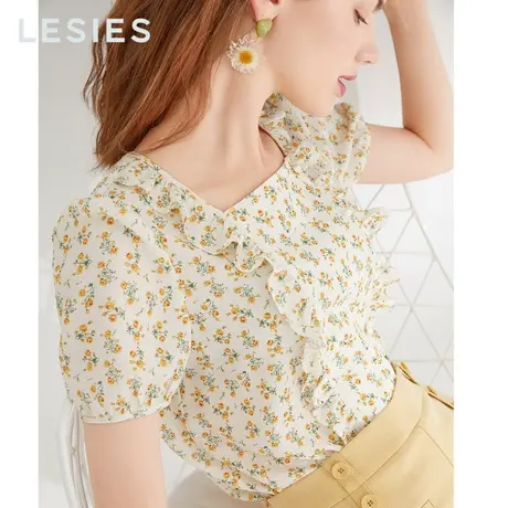 蓝色倾情春夏女装 米色方领温柔风小碎花上衣女洋气收腰小衫商品大图