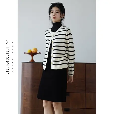 嘉茱莉2023秋季新款撞色条纹针织开衫女低圆领针织衫外套薄款毛衣商品大图